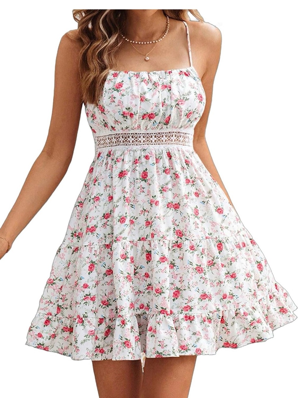 Floral Spaghetti-Strap Sundress in White with Pink Rose Print